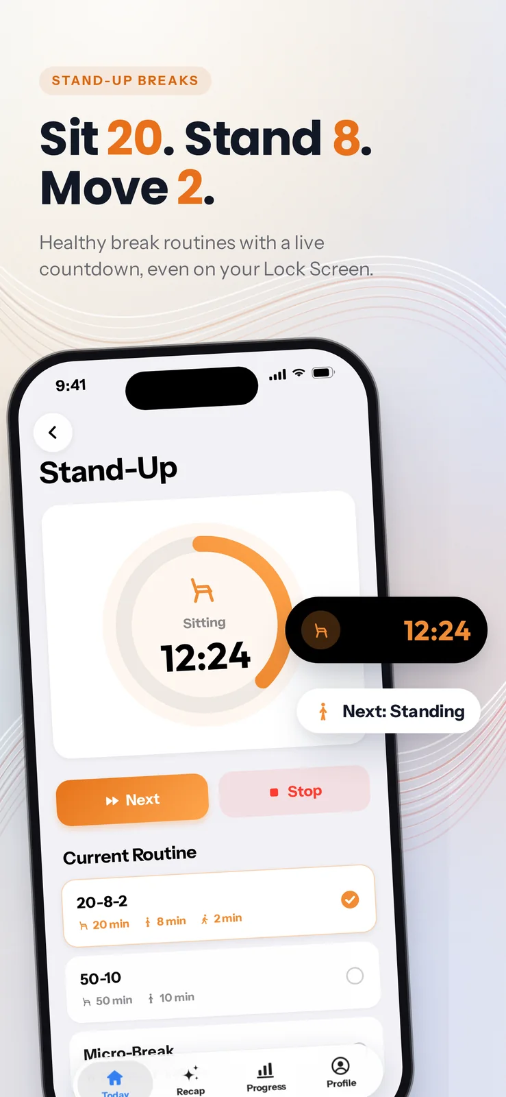 Stand-up screen counting down 12:24 minutes of sitting, with Next and Stop buttons, the 20-8-2, 50-10 and Micro-Break routines, a Dynamic Island countdown and “Next: Standing”.