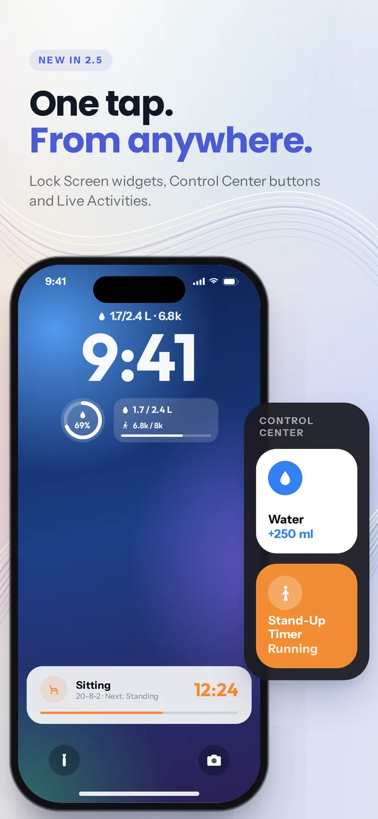 iPhone Lock Screen with water and steps widgets and the stand-up Live Activity, next to Control Center buttons for logging water and starting the stand-up timer.