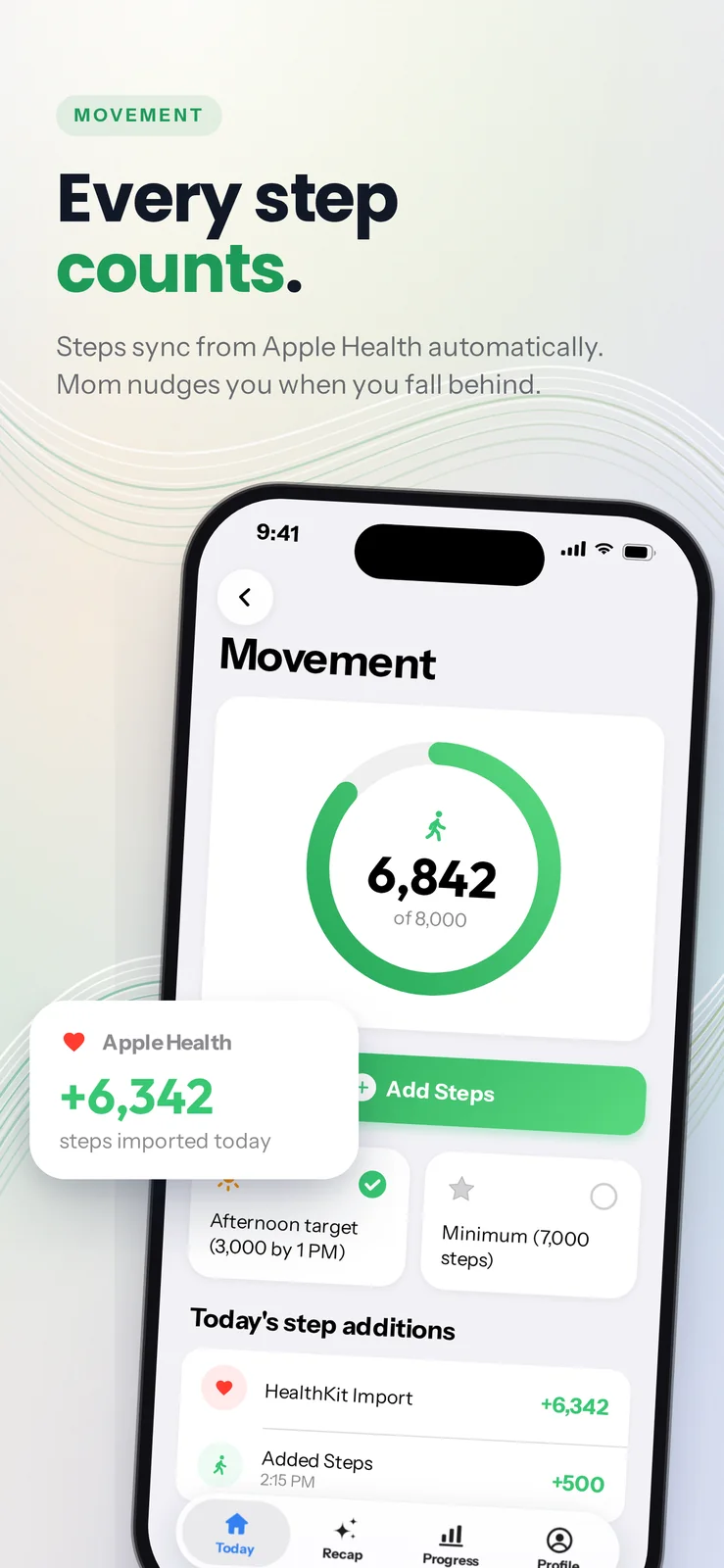 Movement screen with 6,842 of 8,000 steps, an afternoon target, today's step additions and 6,342 steps imported from Apple Health.