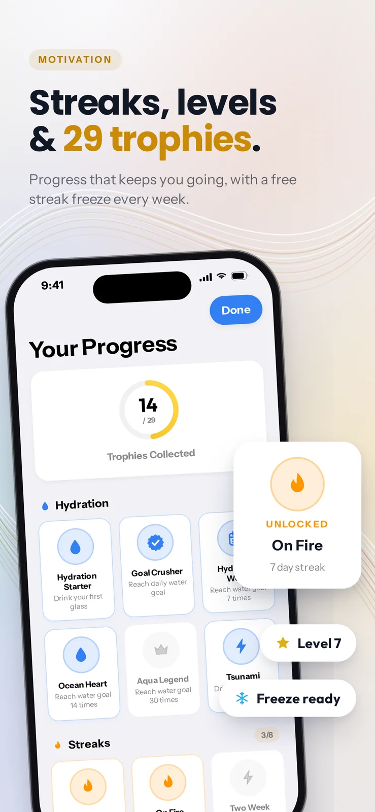 Your Progress screen with 14 of 29 trophies collected, an unlocked “On Fire” 7-day streak trophy, level 7 and a ready streak freeze.