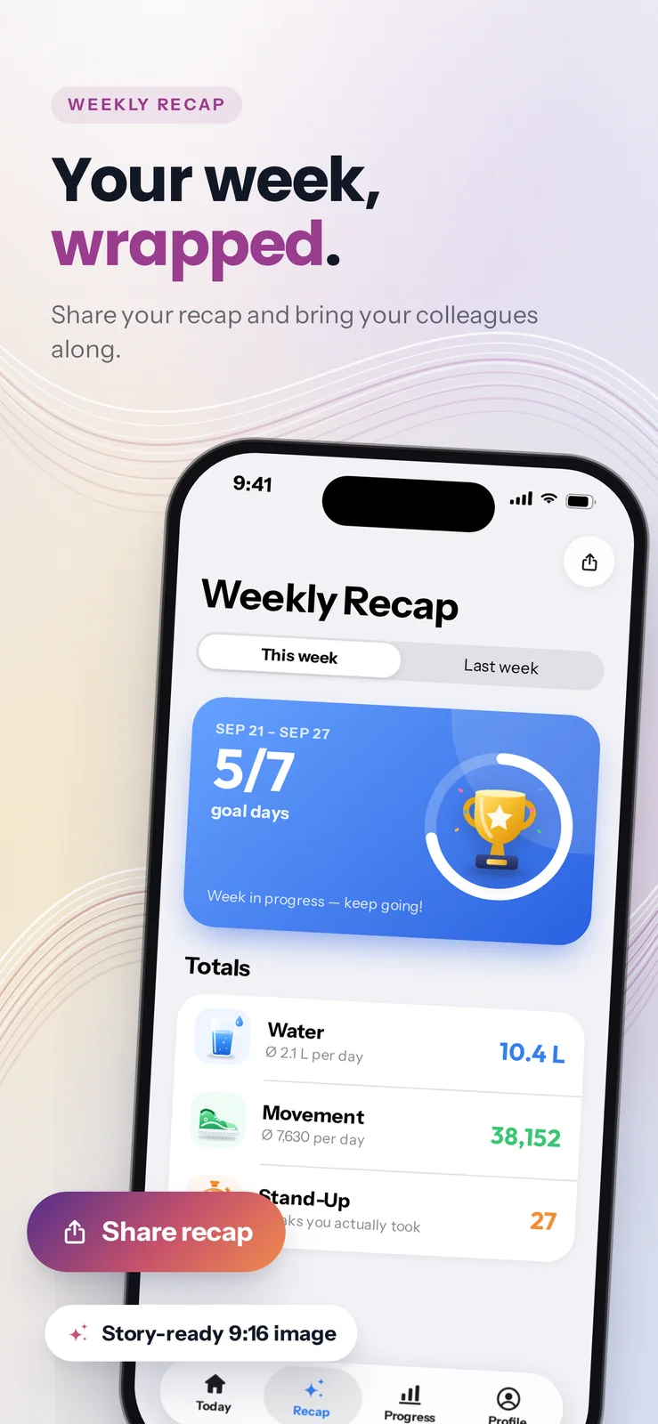 The new Recap tab: this week at 5 of 7 goal days, with totals of 10.4 litres of water, 38,152 steps and 27 stand-ups, a Share recap button and a story-ready 9:16 image.