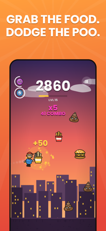 Gameplay over a city skyline: score 2860, a 41-hit combo at 5x multiplier, with fries and burgers to collect.