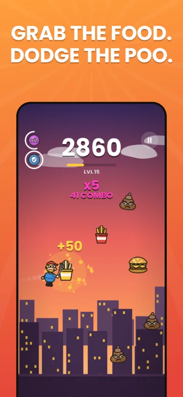 Gameplay over a city skyline: score 2860, a 41-hit combo at 5x multiplier, with fries and burgers to collect.