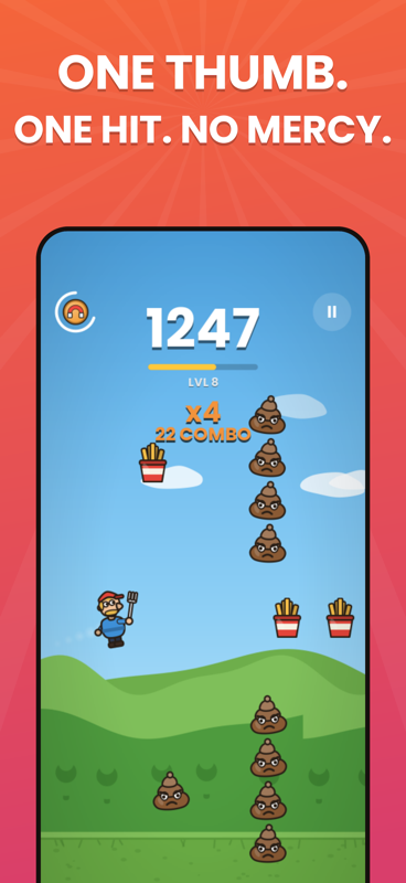 Gameplay over green hills: score 1247 at level 8 with a 22-hit combo and hazards to dodge.