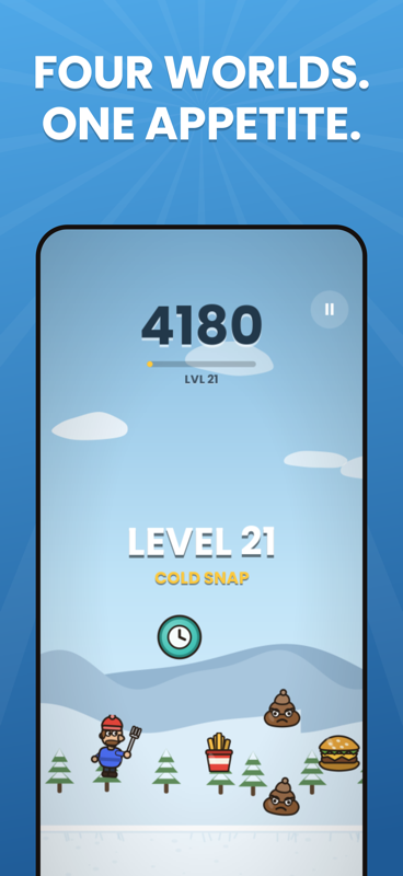 The Cold Snap world at level 21, a snowy landscape with score 4180.