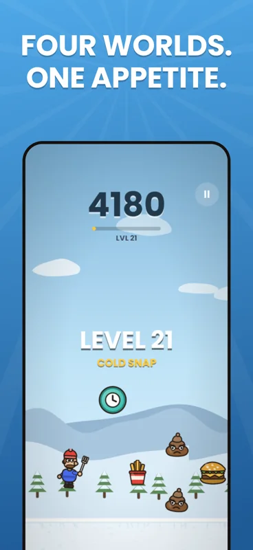 The Cold Snap world at level 21, a snowy landscape with score 4180.