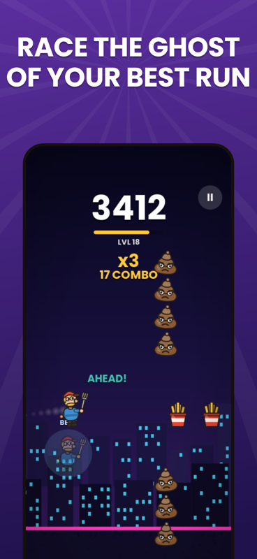 Night city run at level 18 showing the ghost of a previous best run and an Ahead! indicator.