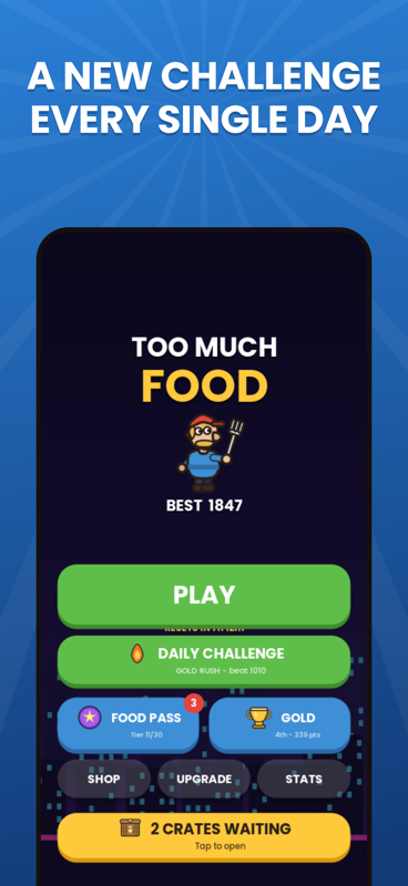 TooMuchFood home screen with Play, the daily challenge, Food Pass, league standing and waiting crates.