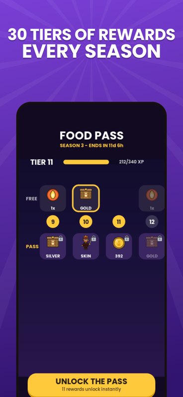 Food Pass season 3 at tier 11, showing free and premium reward tracks with crates, coins and skins.