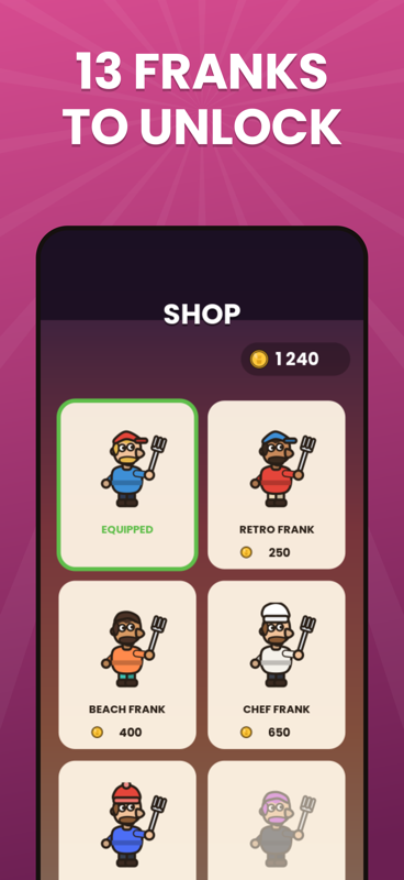 The shop screen with unlockable Frank skins including Retro, Beach and Chef Frank.