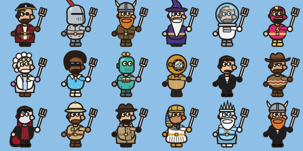 Eighteen Frank outfits in a grid: pirate, knight, viking, wizard, astronaut, luchador, mad scientist, disco, robot, deep-sea diver, secret agent, gunslinger, vampire, explorer, detective, pharaoh, frost king and a mixed viking-helmet look.